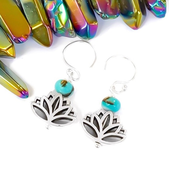 925 Sterling Silver Genuine Turquoise Siderolite Lotus Flower Dangle Earrings - Picture 2 of 4